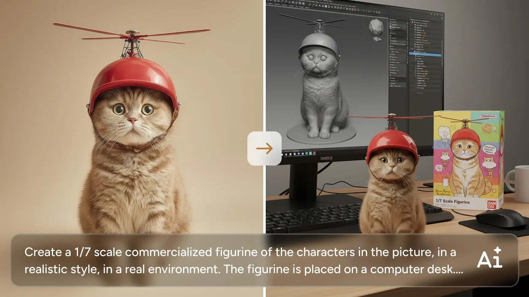 before and after effect of turning a cute cat into a 3d figurine using gemini 3